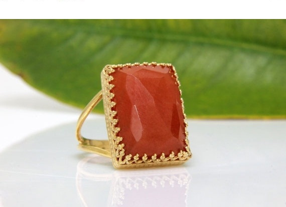 Orange aventurine ring,rectangle ring,gold ring,gemstone ring,gold cocktail ring,14k solid gold ring,large gold ring