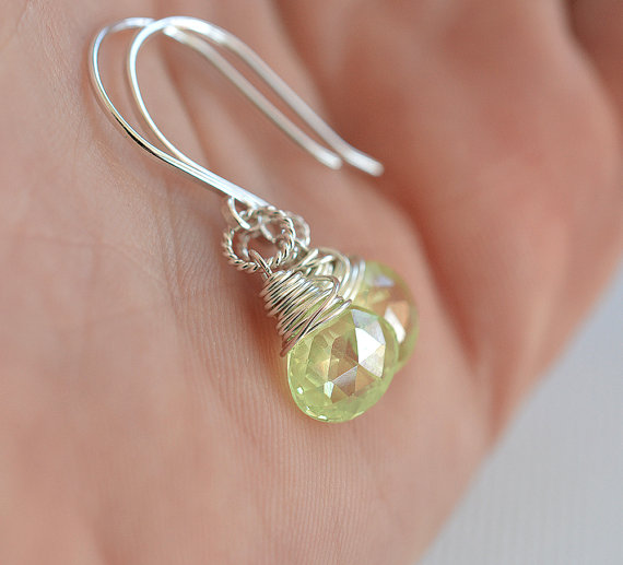 Pale Green Zircon Earrings, Sterling Earrings, Natural Zircon Earrings, Spring Green Gemstone Earrings, Briolette Earrings, Swing Earrings