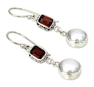 Pearl and Garnet Sterling Silver Earrings, 'Pure Passion'
