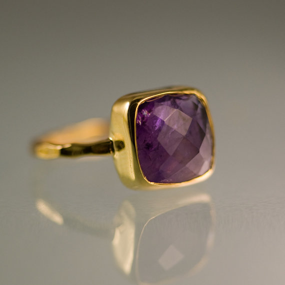 Purple Amethyst Ring- February Birthstone Ring - Gemstone Ring - Stacking Ring - Gold Ring- Cushion Cut Ring