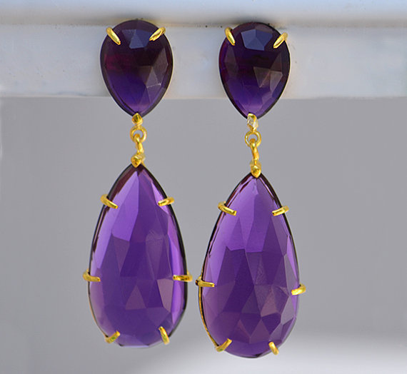 Purple amethyst earrings - Double Drop Earrings - February Birthstone earrings - long earrings - gemstone earrings, prong set earrings
