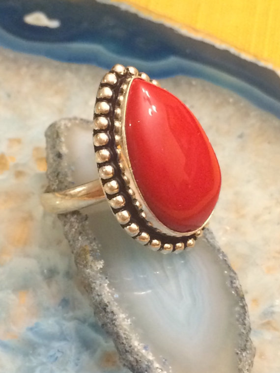 RED Coral Teardrop Sterling silver Ring - Size 8.5 - Sterling Silver Ring- Gemstone Ring - Promise Ring - Natural Stone Ring