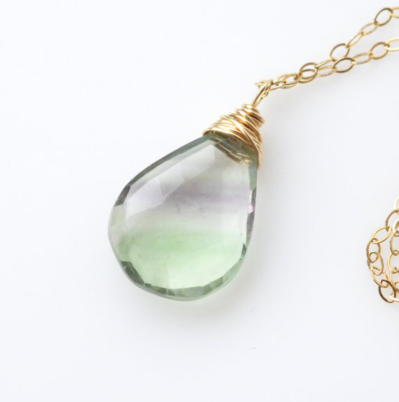 Rainbow Fluorite Necklace Gold Luxe Mint Green Striped Gemstone Jewelry Minimalist Boho Layering Necklace Spring Multicolored