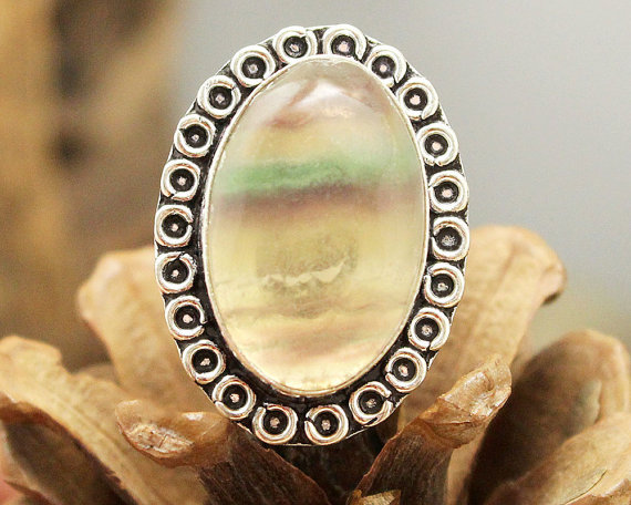 Rainbow Fluorite Ring Sz 7, Silver Fluorite Ring, Crystal Ring, Gemstone Ring, Stone Ring, Cocktail Ring, Boho Ring