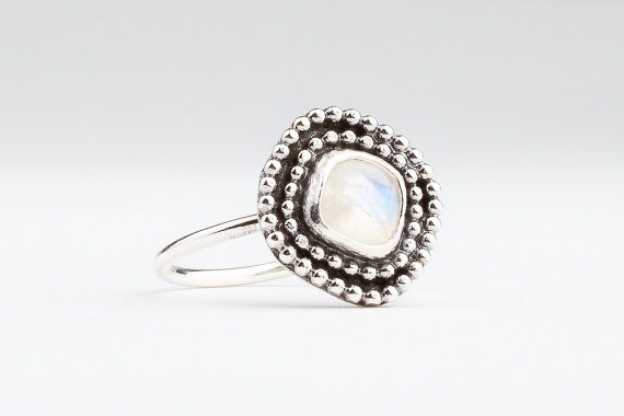 Rainbow Moonstone Gemstone ring in Sterling Silver - Size 6 - Blue flash square shape Moonstone ring with a double beaded border