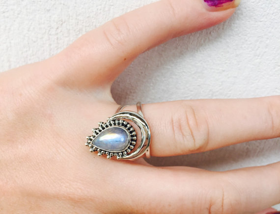 Rainbow Moonstone Ring, Boho Ring, Crescent Moon Ring, Gypsy Ring, Statement Rings, Solid 925 Sterling Silver Rings, Don Biu