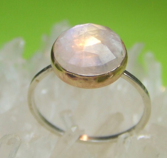 Rainbow Moonstone Sterling Silver and 14K Gold Ring, Gemstone Ring, Stacking Ring - Made To Order