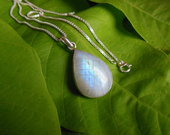 Rainbow Moonstone pendant necklace - Tear drop pendant - Bezel pendant - Gemstone