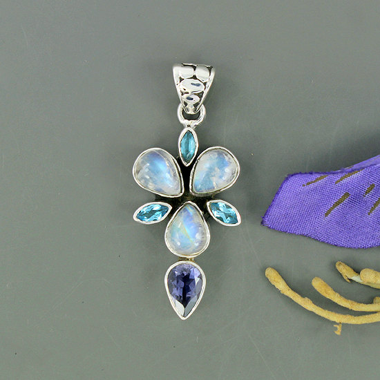 Rainbow Moonstone, Blue Topaz, Amethyst Gemstone Pendant, Solid Sterling Silver Pendant, Natural Gemstone Pendant Gift Jewelry-