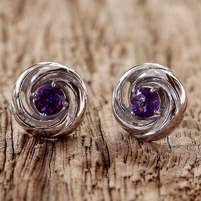 Rhodium Plated Amethyst Stud Earrings 