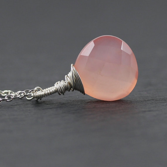 Rose Pink Chalcedony & Sterling Silver Pendant. Wire Wrapped Necklace. Gemstone Jewellery. Faceted Heart Pendant