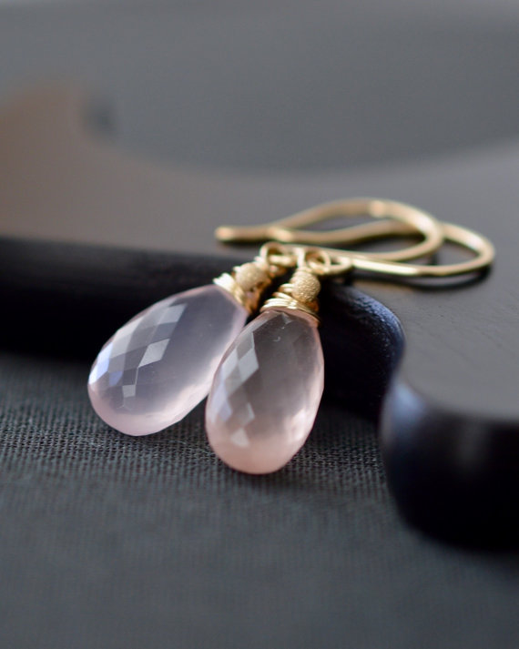 Rose Quartz Earrings Pink Gemstone Earrings Gold Rose Quartz pink Quartz Wire Wrapped Briolette Earrings French Wires