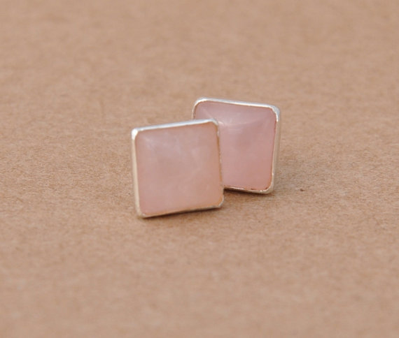 Rose Quartz Earrings set in Handmade Sterling Silver Earring Studs. pale pink gemstones for birthdays, presents, gifts