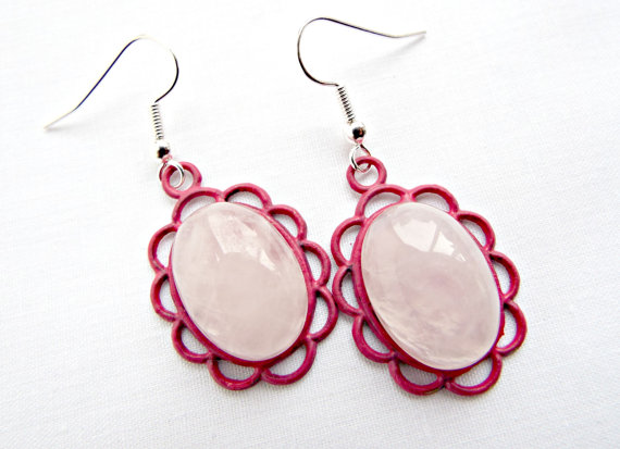 Rose Quartz Earrings, Scallop Edge, Rose Quartz Stones, Dangle Quartz, Oval Earrings, Handpainted Base, Gemstone Earrings