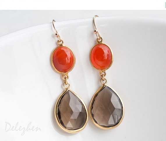 Smokey Quartz Earrings - Orange Carnelian earrings - Gemstone earrings - Gold drop earrings - Dangle Earrings