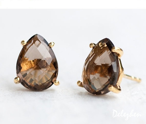 Smokey Quartz Stud Earrings - Post Earrings - Gold Stud Gemstone Earrings - Tear drop Stud - Prong Set studs