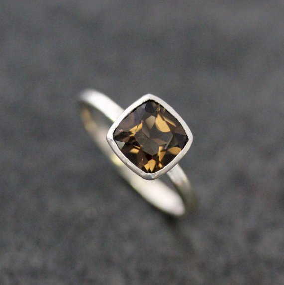 Smoky Quartz And Sterling Cushion Solitaire Gemstone Ring