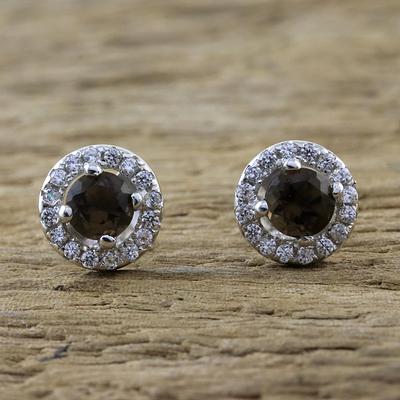 Smoky Quartz and Cubic Zirconia Stud Earrings 