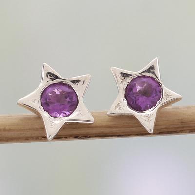 Star Shaped Amethyst and Sterling Silver Stud Earrings