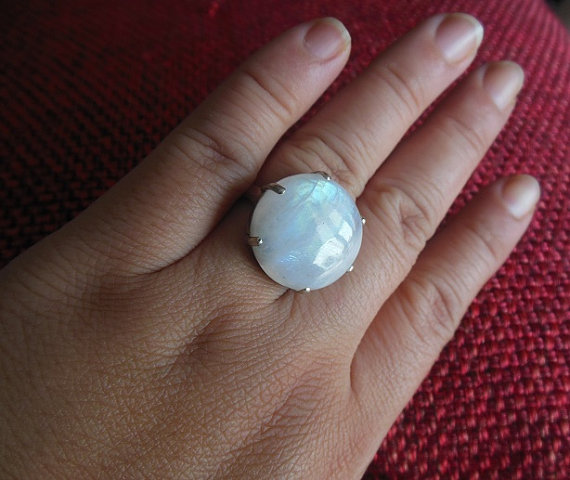Statement ring - Rainbow Moonstone Ring - Round prong set ring - Cabochon ring - Gemstone ring