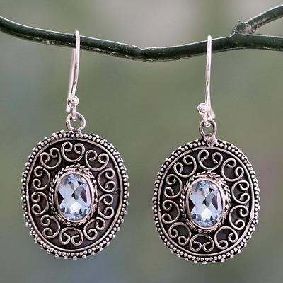 Sterling Silver Dangle Earrings with Oval Blue Topaz Gems, 'Ornate Shield'