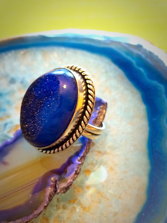 Sterling Silver Dark Blue Druzy Statement RING - Ring Size 6.5 - Huge Stone Druzy Ring - Ring size 6 7 - Drusy - Natural Stone Ring