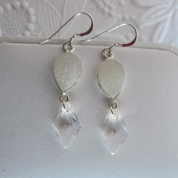 Stunning White Pear Druzy Gemstones and Rhombus Crystal Earrings, Bridal Earrings, Wedding Earrings