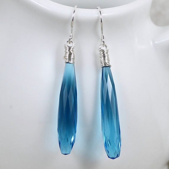 Swiss Blue Quartz & Sterling Silver Earrings. Long Drop Earrings. Teardrop Earrings. Wire Wrapped Dangle Earrings. Gemstone Jewellery