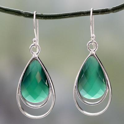 Teardrop Shaped Green Onyx Dangle Earrings, 'Delhi Glam'