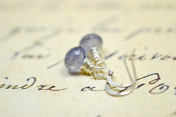 Tiny Blue Gemstone Earrings Navy Blue Water Sapphire Earrings Blue Gemstone Jewelry Sterling Silver Wire Wrapped Dangles Blue Stone Earrings