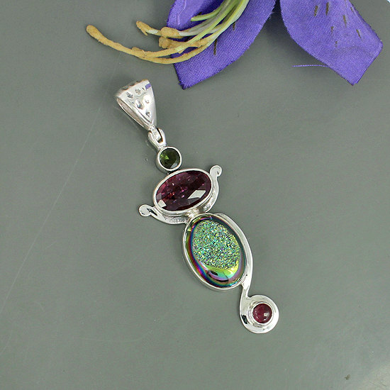 Titanium Druzy & Tourmaline Gemstone Pendant, 925 Sterling Silver Jewelry, Unique Gift Jewelry, Bezel Set Pendant Jewelry