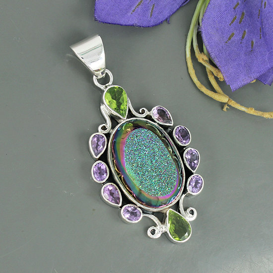 Titanium Druzy, Peridot & Amethyst Multi Gemstone Pendant, 925 Sterling Silver Jewelry, Bezel Set Unique Gift Jewelry