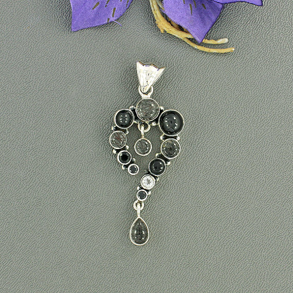 Tourmalated Quartz, Black Star Diopside Multi Gemstone Pendant, Solid 925 Sterling Silver Jewelry, Gift Gemstone Pendant Jewelry
