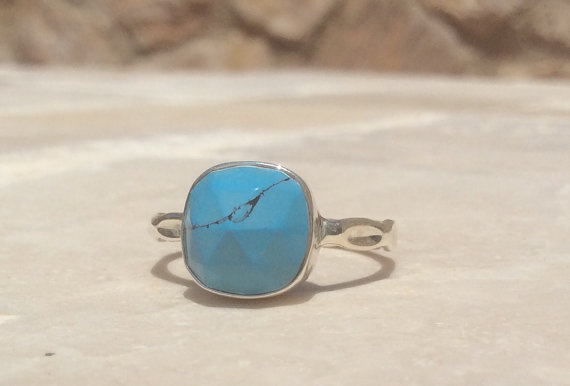 Turquoise Silver Ring, Cushion Stone Bezel Set Ring, Gemstone Ring, December Birthstone Ring, Silver Stacking Ring, Patterned Band