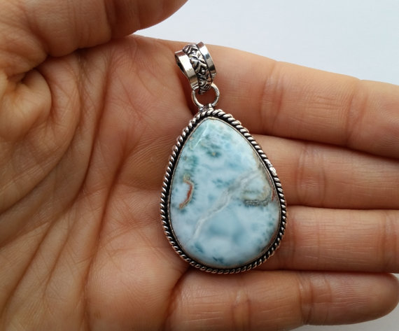 Unique Blue Caribbean Larimar Pendant, Large Gemstone Pendant, Sterling Silver Necklace Pendant, Caribbean Larimar Jewelry, Larimar Gemstone