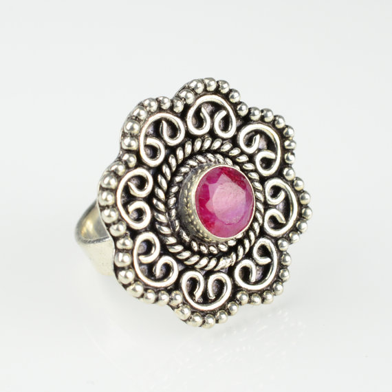 Vintage Style Flower Ruby Gemstone Ring Size 6.25 M Boho Gypsy Ring Buddha Ohm ring ganesh ring buddha ring tibetan jewelry