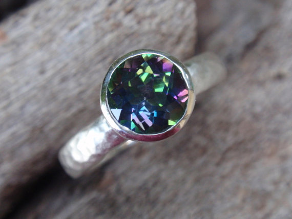 mystic topaz ring - 7mm natural blue green topaz engagement ring - handmade - stackable ring - gemstone ring stacking ring
