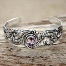 Amethyst on Floral Theme Sterling Silver Cuff Bracelet