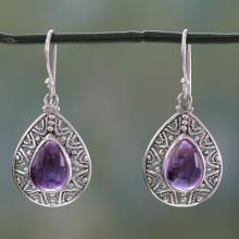 Amethyst on Sterling Silver Hook Earrings, 'Timeless Ganges