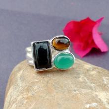 BLACK ONYX & TIGERS Eye Ring -Size 7 Ring - 925 Sterling Silver Ring - Multi Gemstone Ring