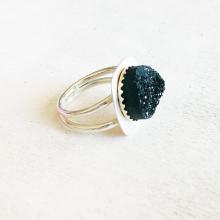 Black druzy ring, round druzy ring, sterling silver druzy ring, drusy ring, black silver ring, gemstone silver ring, mixed metal ring