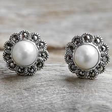 Cultured Pearl Marcasite Stud Earrings 