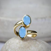 Double stone ring,gold ring,blue chalcedony ring,bezel set ring,gold stackable rings,stacking ring,