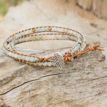 Fair Trade Amazonite and Leather Beaded Wrap Bracelet