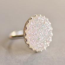 GENUINE White Rainbow Druzy Ring,Sterling Silver Gemstone Ring,White Druzy Cabochon,Silver Crown Setting