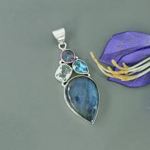 Genuine Labradorite, Midnight Rainbow Quartz & Blue Topaz Multi Gemstone 925 Sterling Silver Artisan Handmade Pendant, Unique Gift Jewelry