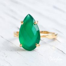Green Onyx Ring - Gemstone Ring - Stacking Ring - Gold Ring - Tear Drop Ring - Prong Set Ring