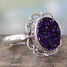 Handcrafted Silver Cocktail Ring with Sparkling Purple Drusy