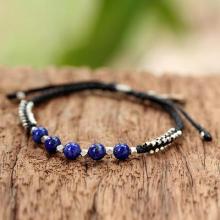 Lapis Lazuli and Sterling Silver Beaded Bracelet with Leaf