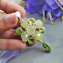 Natural Faceted Rough Prehnite & Peridot Gemstone Sterling Silver Green Gemstone Pendant - Prong Bezel Artisan Pendant